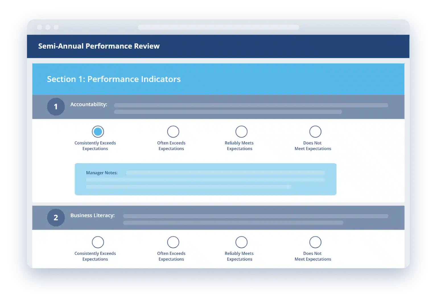 Semi-annual performance review interface assessing accountability and business literacy.