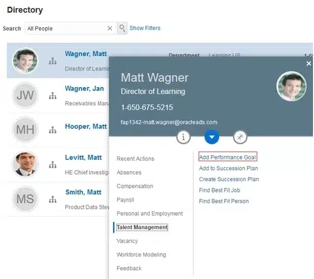 SAP performance goal plan interface, showing options to manage team goals, cascade goals, and create goals. The interface displays performance evaluations, including details on increasing customer satisfaction and personal sustainable goals.