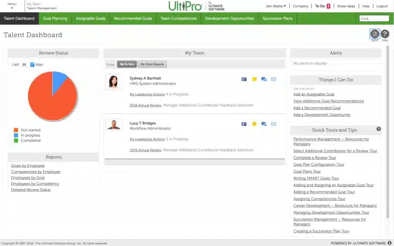 UltiPro Talent Dashboard interface showing review status, team information, alerts, and quick actions.