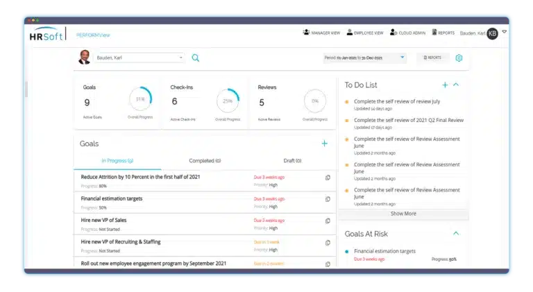HRsoft PERFORMview dashboard showing goals, check-ins, reviews, and a "To Do List" with pending self-reviews.