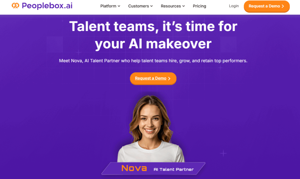 A purple-themed hero section from the Peoplebox.ai website featuring Nova, an AI Talent Partner. The banner headline reads, “Talent teams, it’s time for your AI makeover.” Below it, a smiling woman represents Nova, with buttons inviting visitors to request a demo of Peoplebox.ai’s AI-powered hiring platform.