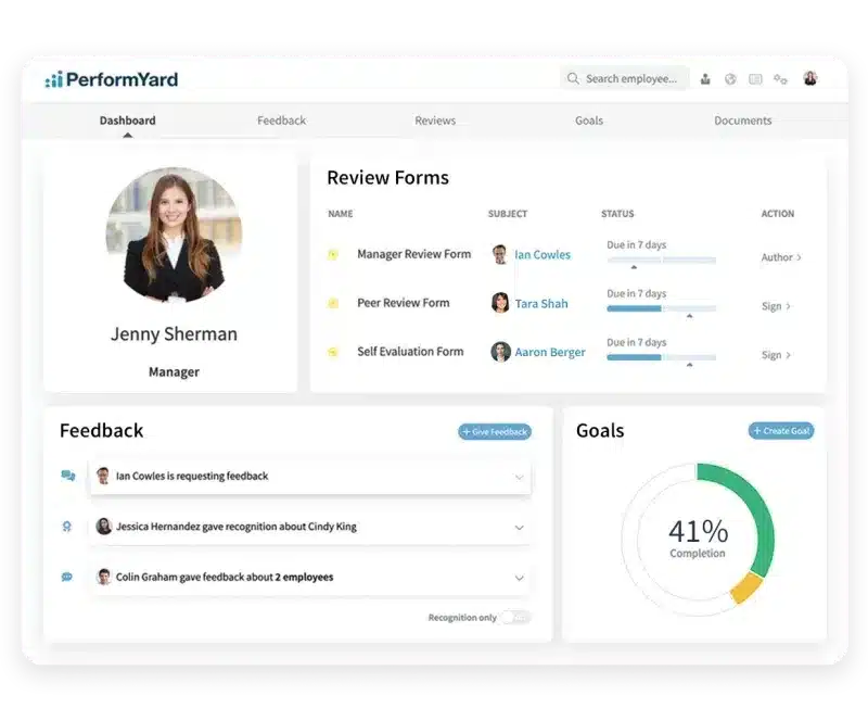 PerformYard interface showing review forms for manager, peers, and self-evaluation.