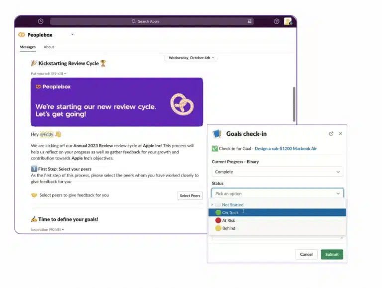 A digital interface displays a message from "Peoplebox" announcing the start of a new review cycle, encouraging participation. A smaller window titled "Goals check-in" is overlaid, showing a goal to "Design a sub-$1200 Macbook Air" with a progress status dropdown set to "Complete" and a status dropdown with "On Track" selected.
