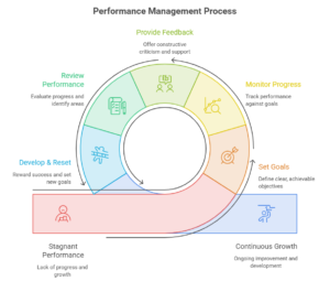 Five-stage performance management process from goals through monitoring, feedback, review, and development